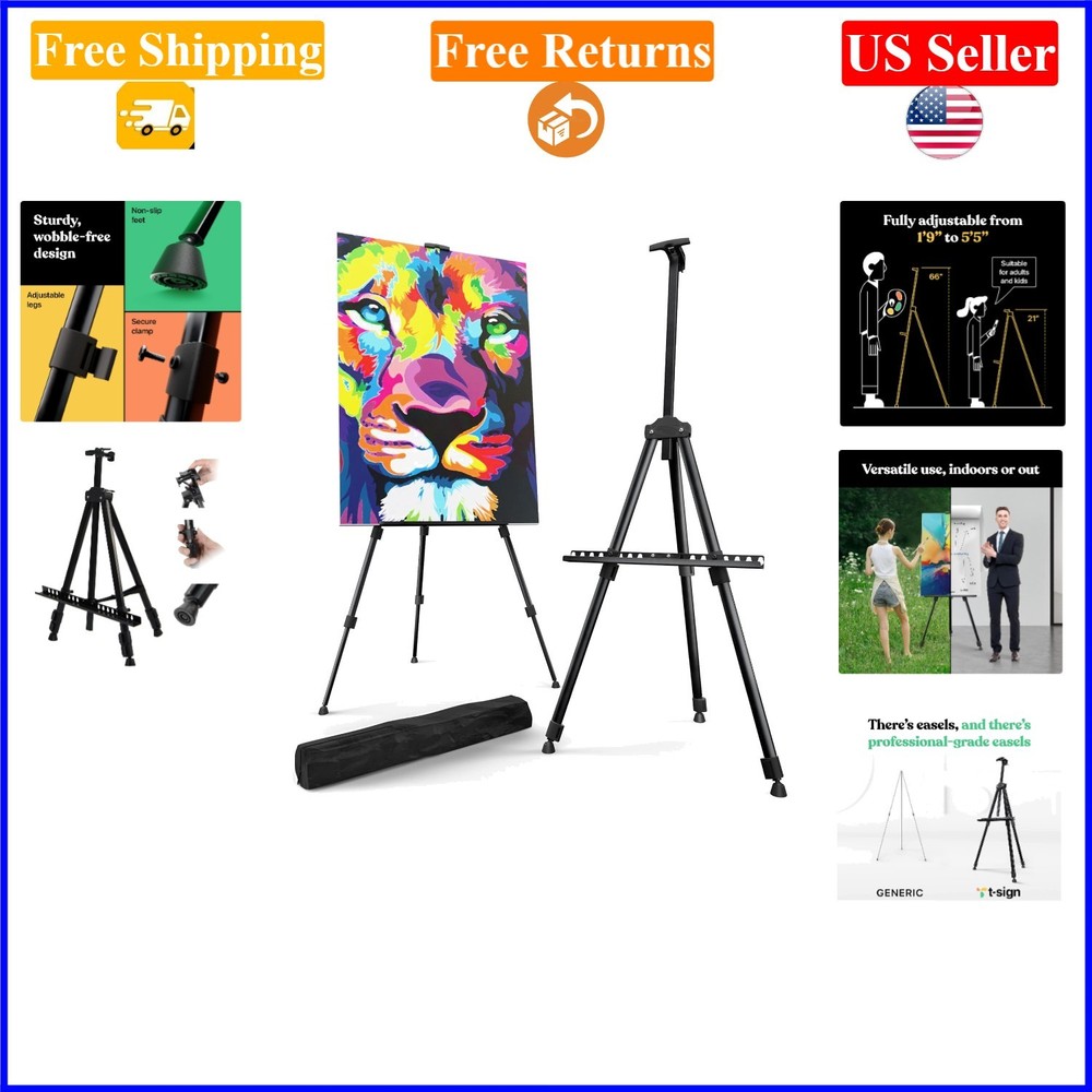Portable Aluminum Artist Easel Stand, Adjustable Height, Black – 17×66 inches