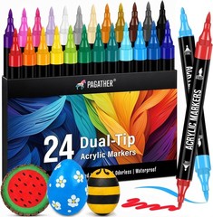 24 Colors Acrylic Paint Markers, Dual Tip with Fine Tip and Brush Tip Pens fo…