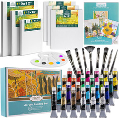 Kit pintura 6 lienzos, 24 acrílicos (22ml), 8 pinceles, bloc, paleta