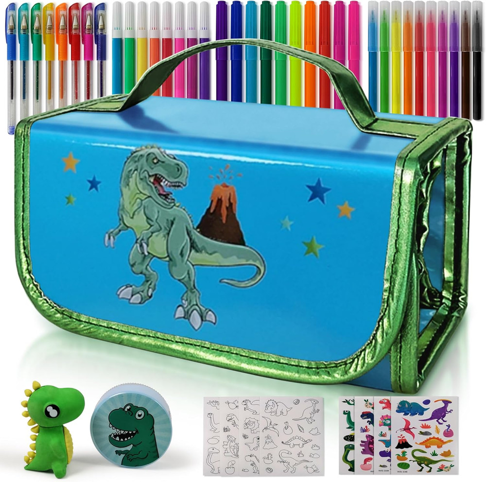 Dinosaur Pencil Case with Fruit Scented Markers Art Set, Dinosaur Gifts for Boys