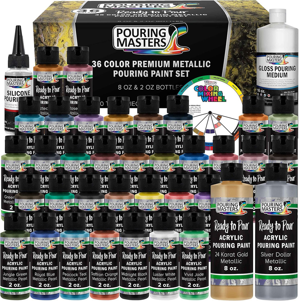Pouring Masters 36-Color Metallic Ready to Pour Acrylic Pouring Paint Set with S