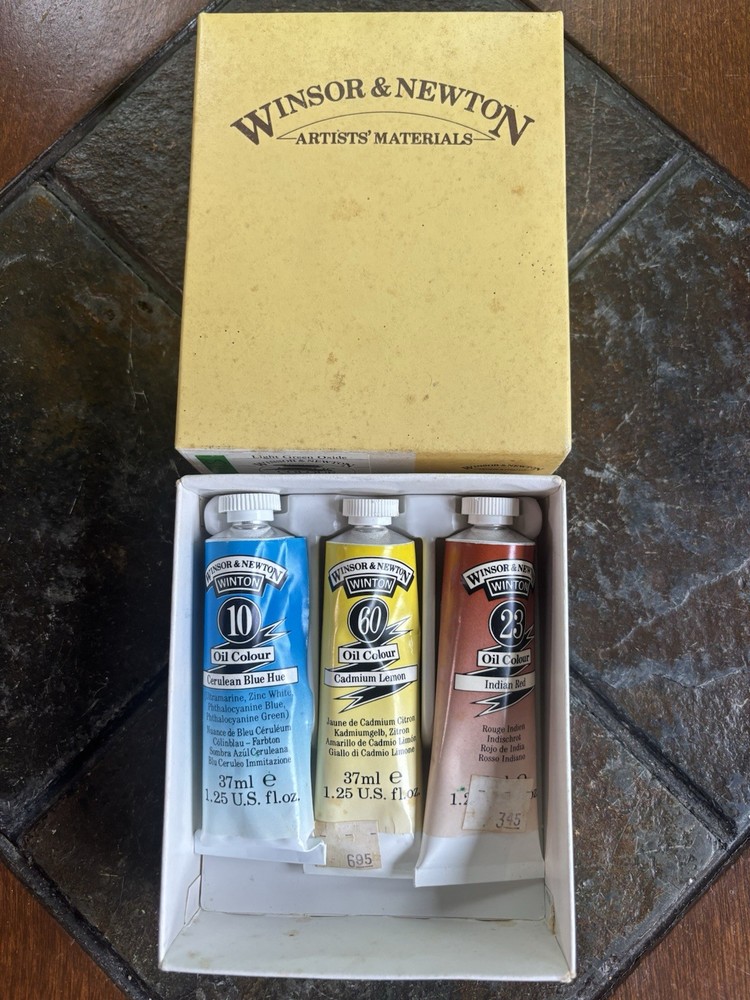 Windsor & Newton Vintage Oil Paint Set of 3 In Box Blue Hue/Indian Red/Lemon