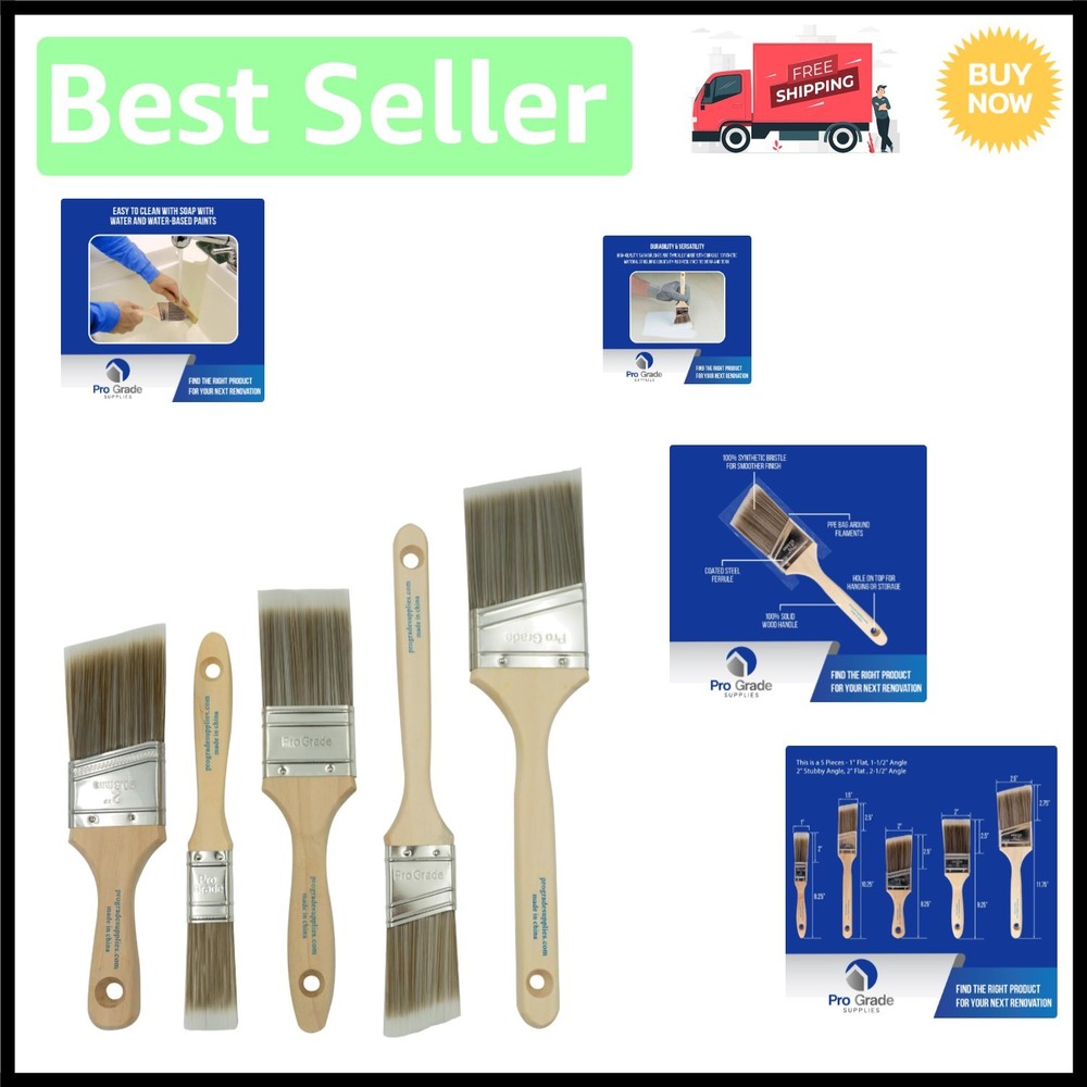 Wood Handle Paint Brush Set: 5-Piece Flat & Angle Brushes for Precision Painting