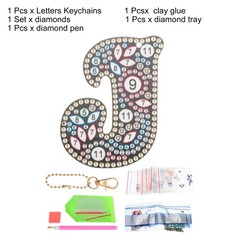 Diamond Art Keychains, 1 PCS Diamond Art Painting Letters Keychains Initial, J