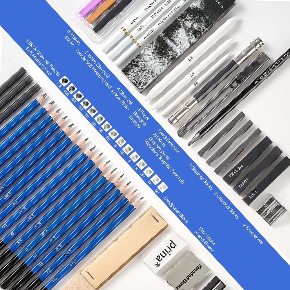 50 Pack Drawing Set Sketch Kit, Sketching Supplies with 3-Color Sketchbook, Grap