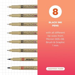 Pigma Micron, Graphic & Brush Fineline Pens, Archival Black Ink, 8 PK 30067