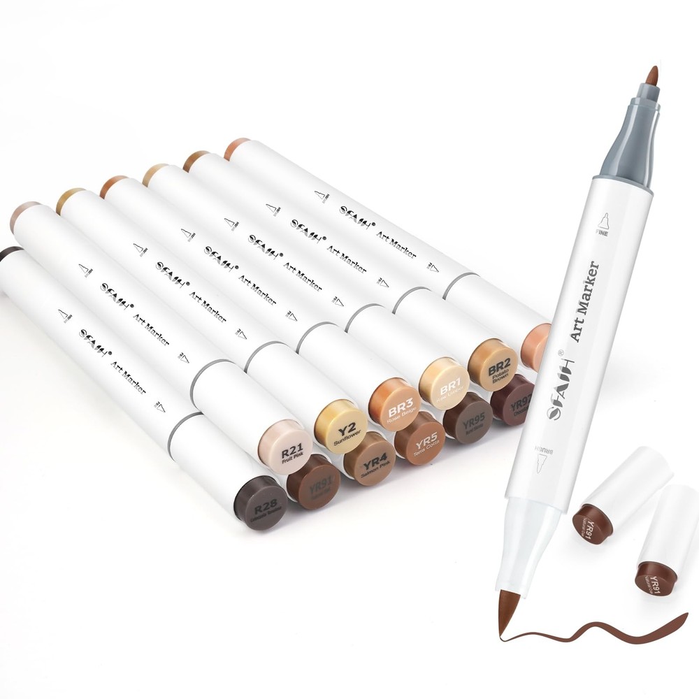 Skin Tone Alcohol Markers Brush & Fine – [12 Dark Portrait Colors]Seamless Bl…