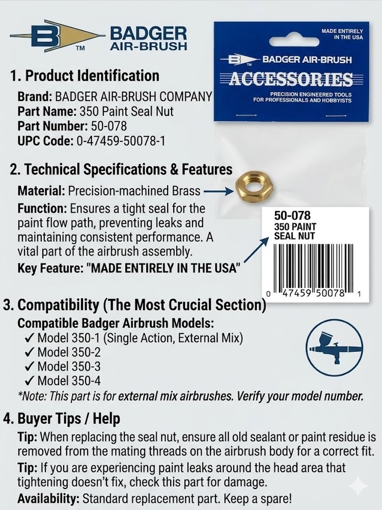 Badger Air-Brush 50-078 Paint Seal Nut for Model 350-1, 350-2, 350-3, 350-4