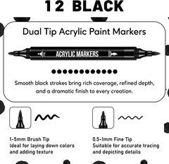 Black Acrylic Paint Markers, 12 Pack Dual Tip with Fine Tip and Brush Tip Pens f