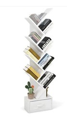 White Tree-Shaped Bookshelf, 10 Open Shelves & Foldable Fabric Drawer, Space-Sav