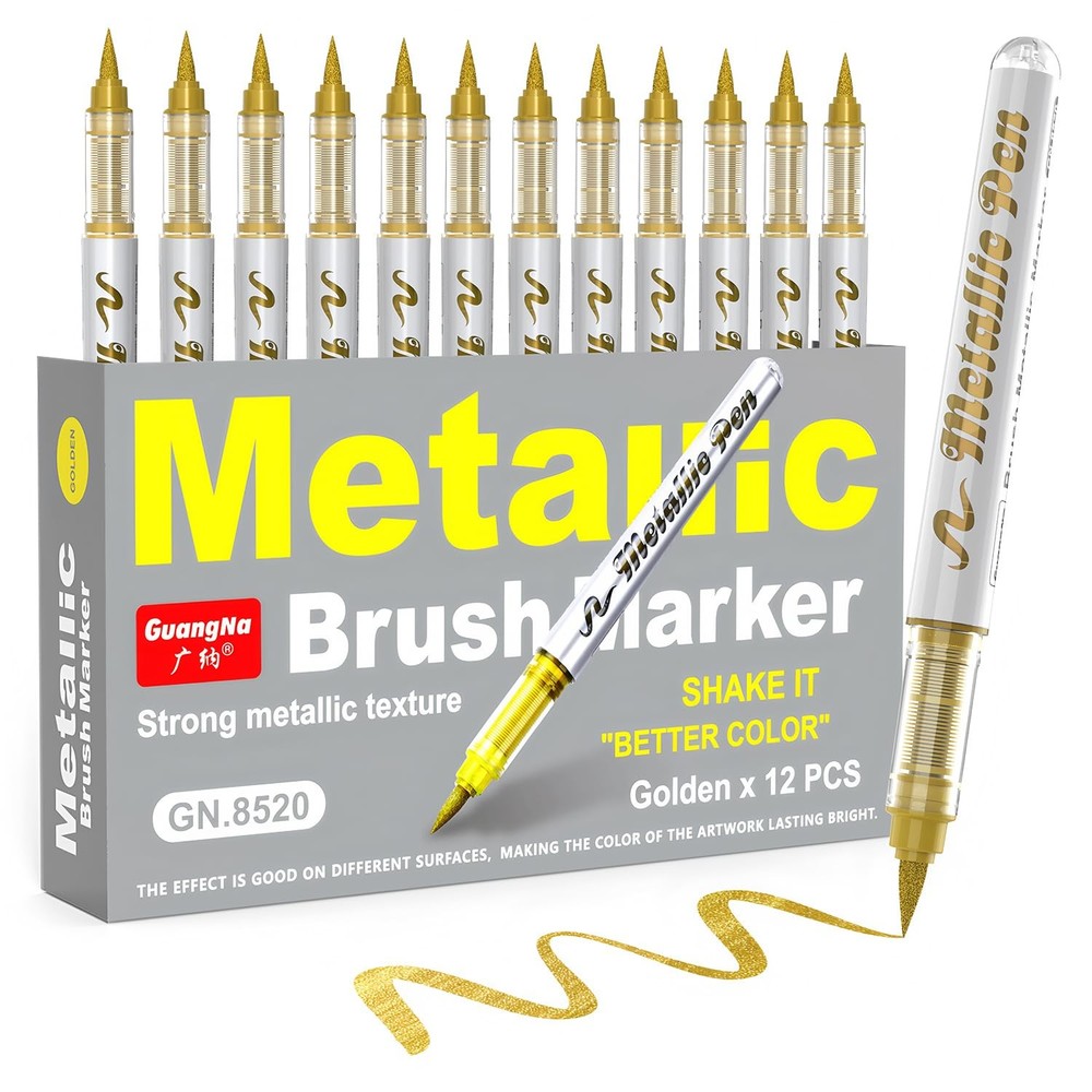 Gold Metallic Paint Marker Pen Brush Tip 12 PCS Acrylic Black Paper Craft DIY