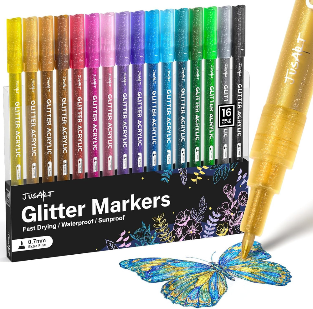 16 Colors Glitter Markers, Glitter Paint Pens, Acrylic Paint Markers Shiny Shimm