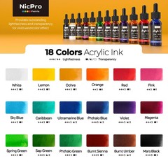Nicpro 18 Colors Acrylic Ink, 1-oz(30ml) Bottle with 1 fl oz, 18