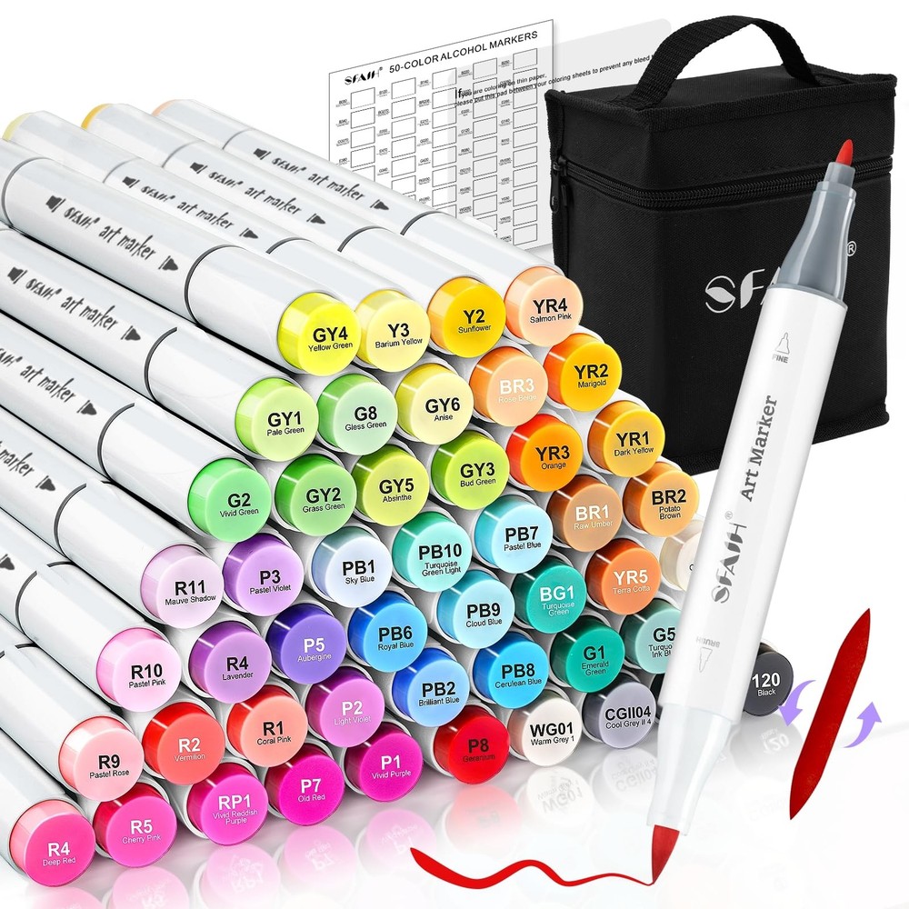 SFAIH Alcohol Markers Brush Tip & Fine Tip – 49 Colors Double Tipped Art Markers
