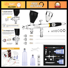Dual-Action Gravity Feed Airbrush Set, 0.2/0.3/0.5mm Nozzles & Replacement Cups