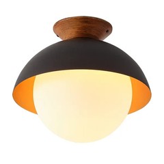 13.5 in. 1-Light Wood Gold Leaf Dome Semi-Flush Mount Light with Opal Glass Glob