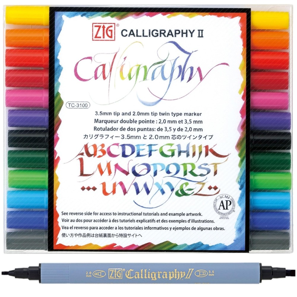 ZIG Calligraphy Marker Pens, 12 Colors set, 2mm & 3.5mm Dual Tip Markers, for