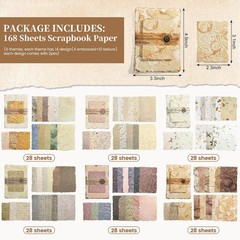 168 Pcs Textured Vintage Scrapbook Paper Kit with Washi Tape & Multicolor