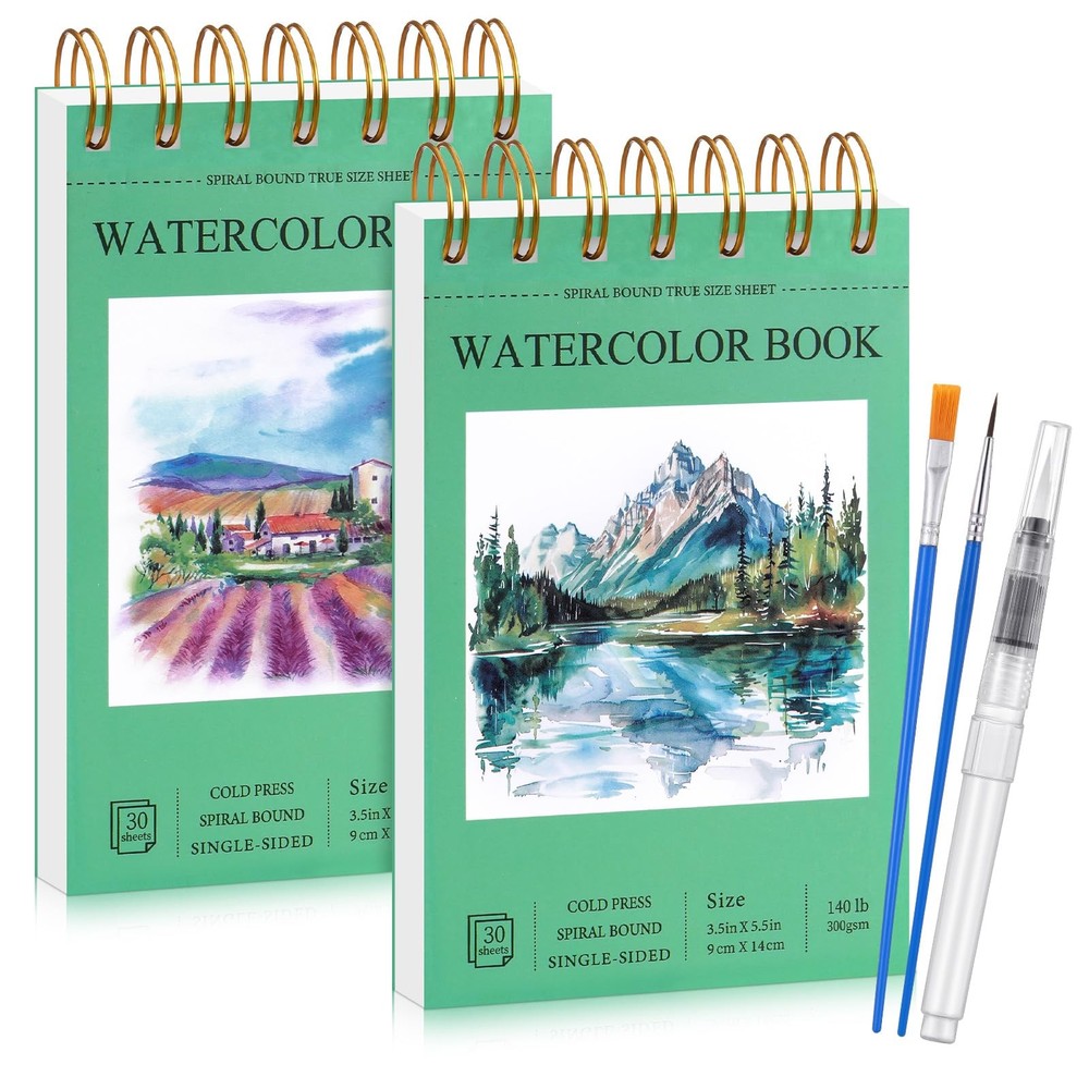 2 Small Watercolor Sketchbook with Watercolor Brushes, 3.5″ x 5.5″ Watercolor…