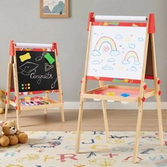 Kids Easel, Double-Sided Magnet Whiteboard & Chalkboard with Paper Roll,