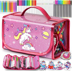 Unicorn Washable Markers Set 48 Pcs with Glitte Pencil Case, Art Supplies for Ki