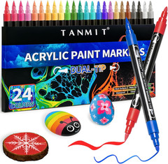 24 Colors Dual Tip Acrylic Paint Markers, Paint Pens Set with Brush Tip and Fine
