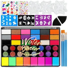 Water-Activated & Skin-Friendly 42 Color Face Paint Set with Stencils & Gems