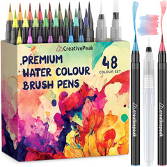 Watercolor Brush Pens – 48 Vibrant Soft Tip Coloring Markers with 2 Blending Bru
