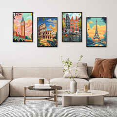 4 Pack Framed Paint by Numbers Kit for Adults with Wooden Easel, City Landscape
