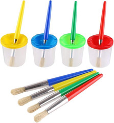 4 Pcs Spill Proof Paint Cups and 4 Color Hog Bristle Paint Brushes with Handles