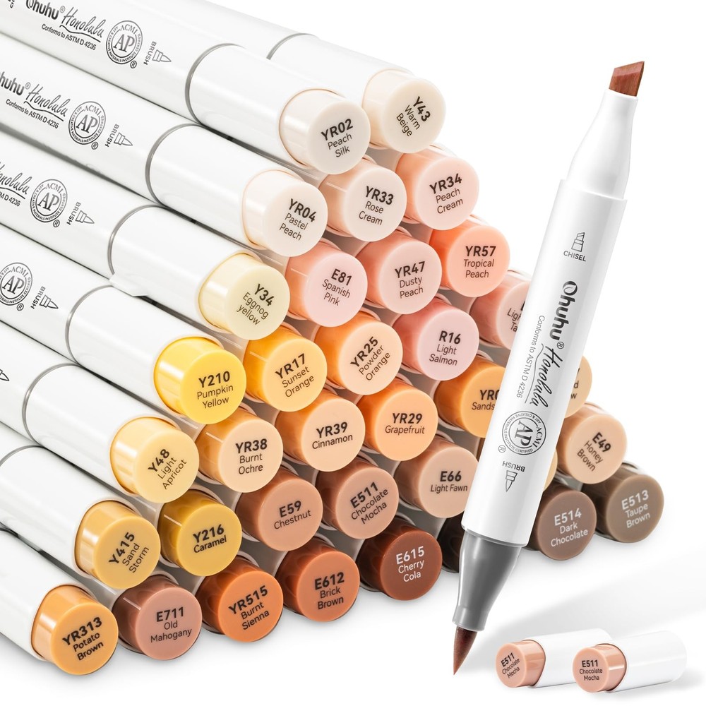 Skin Tone Alcohol Markers Brush Tip – 36 Portrait Skin Color Markers f