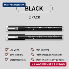 2 Pack Black Acrylic Paint Pens, 0.7mm Extra Fine Tip, Water Based Acrylic Marke