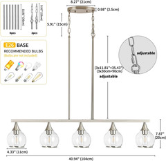 Island Light for Kitchen, 5-Light Brushed Nickel Kitchen Island Linear Hanging P