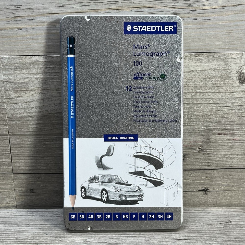 Staedtler Mars Lumograph Design Drafting Art Drawing Graphite 12 Pencil Set Tin