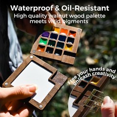 Mini Watercolor Paint Set, All-in-One Walnut Wood 15-Color Premium Pocket Tra…