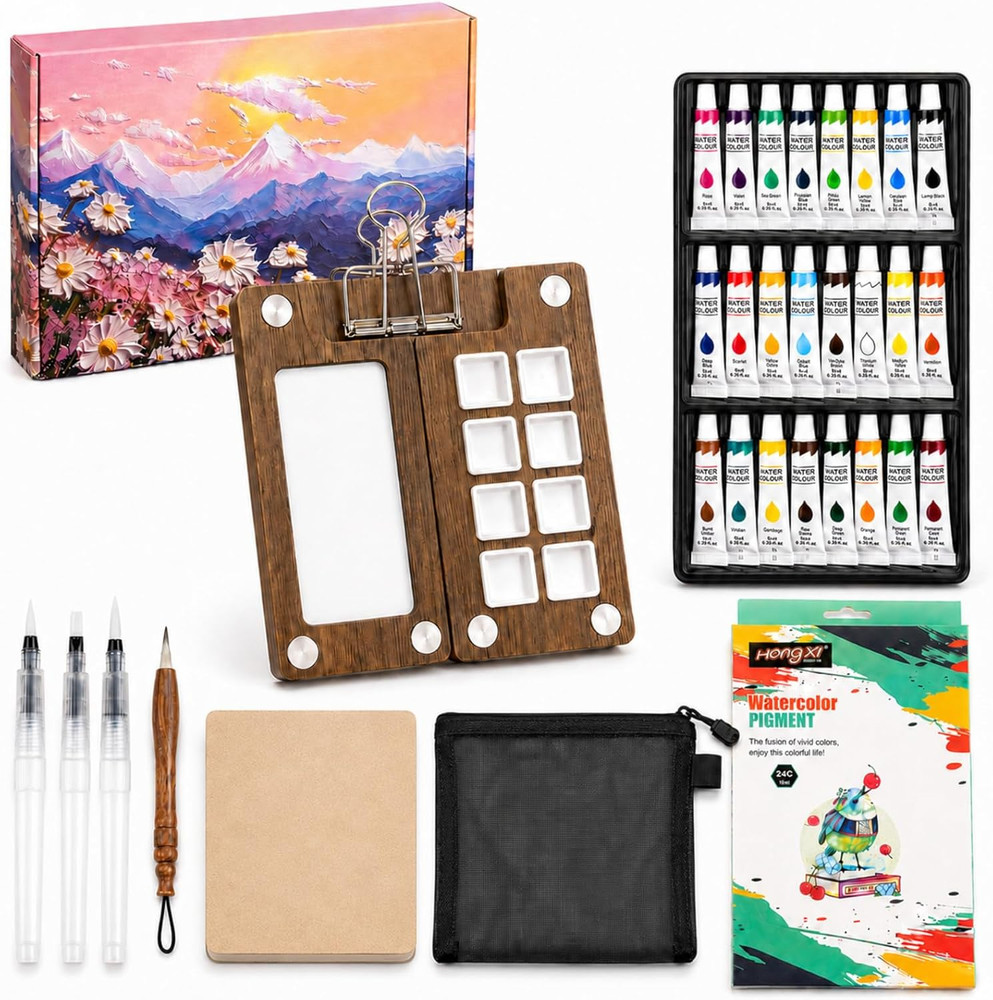 Mini Travel Watercolor Paint Set, All‑In‑One Portable Pocket Paint Kit with Waln