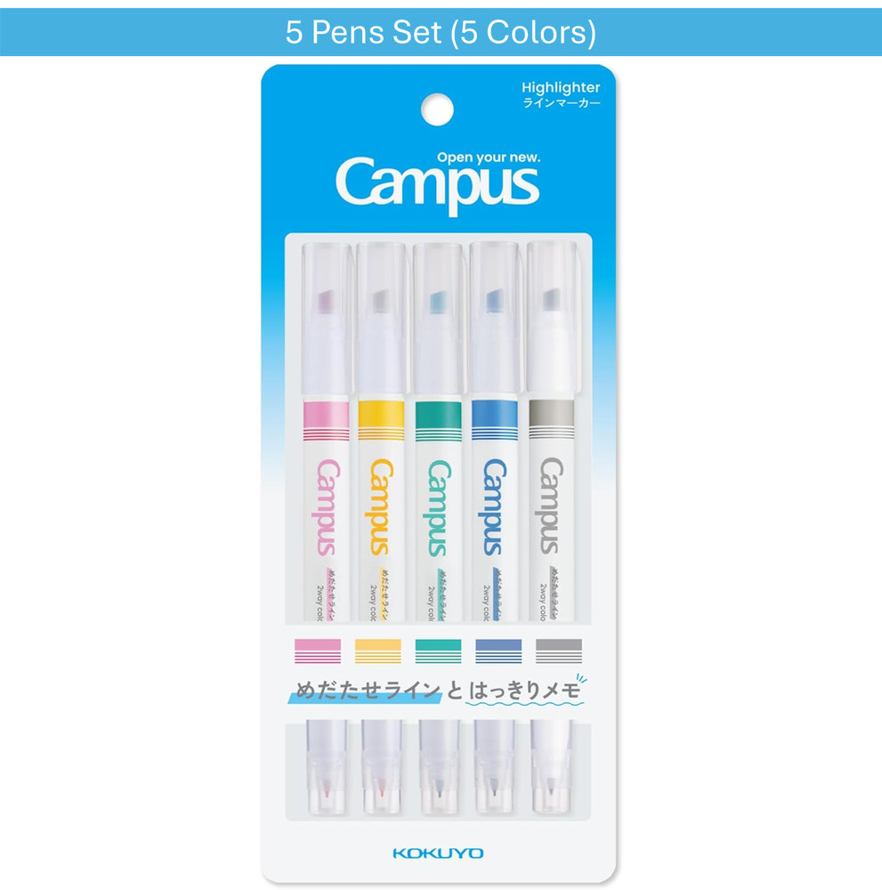 KOKUYO Campus Dual Tip Highlighter Marking Pens 5 Colors Fine Writing Japan