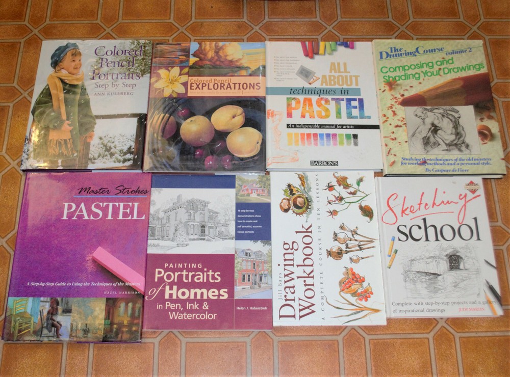 Lot of 8 Art Books Drawing, Sketching Colored Pencils, Pen Ink, Pastels