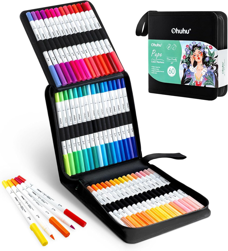 Markers Paper-Friendly No Peeling Water-Based 60 Colors Dual Brush Fineliner Tip