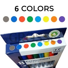 6 Pack Permanent Marker Pens Assorted Multi Colour bullet Point Tip