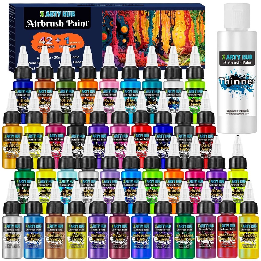 X ARTY HUB Airbrush Paint – 42 Colors with 4.05 Fl Oz Thinner, Iridescent, Ne…