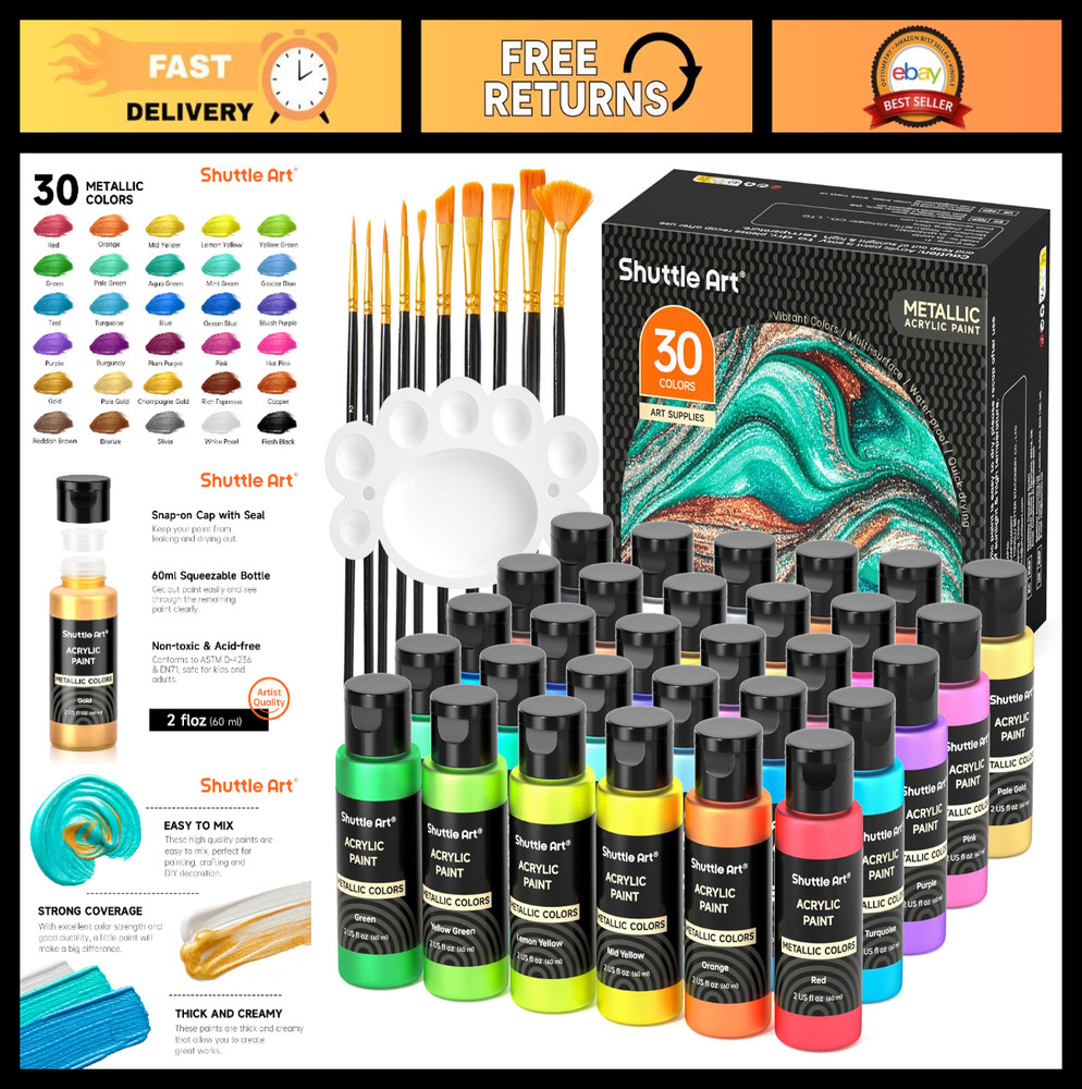 30 Colors Metallic Acrylic Paint Set – Artist Grade, Rich Pigmented, Non-Toxic,