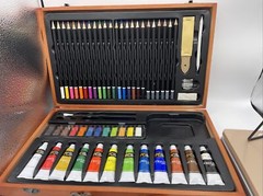 Art Mixed Media Set in Wooden Case 55 pieces Paint Colored Pencils And More