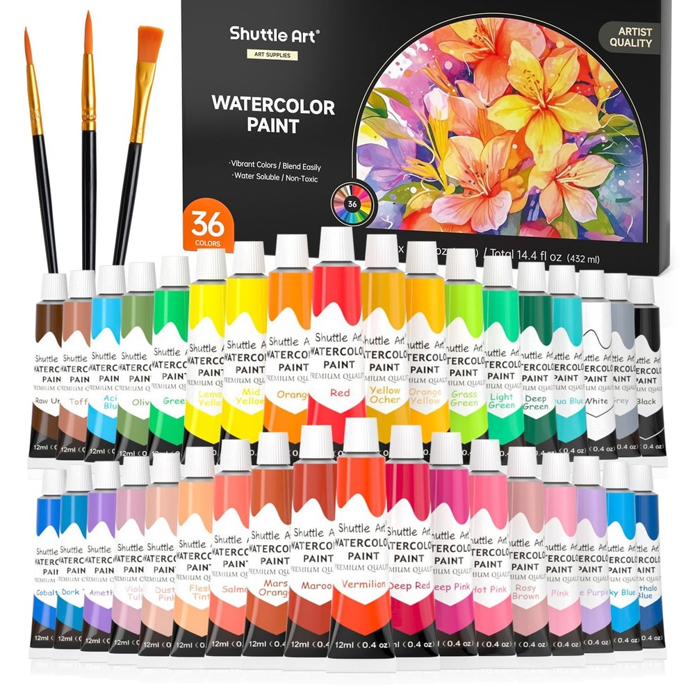 Paint Set, 36 Colors Paint in Tubes (12ml Each) with 3 Brushes, Rich Pigment,…