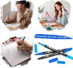 ZSCM Blue Duo Tip Marker Pens, 12 Pack Fine & Brush Markers for Adult Coloring B